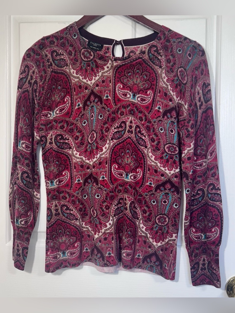 Talbots SP Burgundy Paisley 100% Merino Wool "The Paisley Tapestry" Sweater